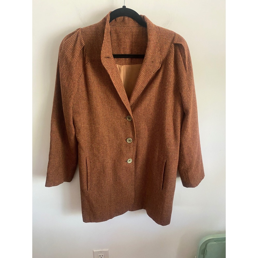 Lanz‎ of California Vintage Brown Houndstooth Puff Shoulder Wool Blazer Jacket